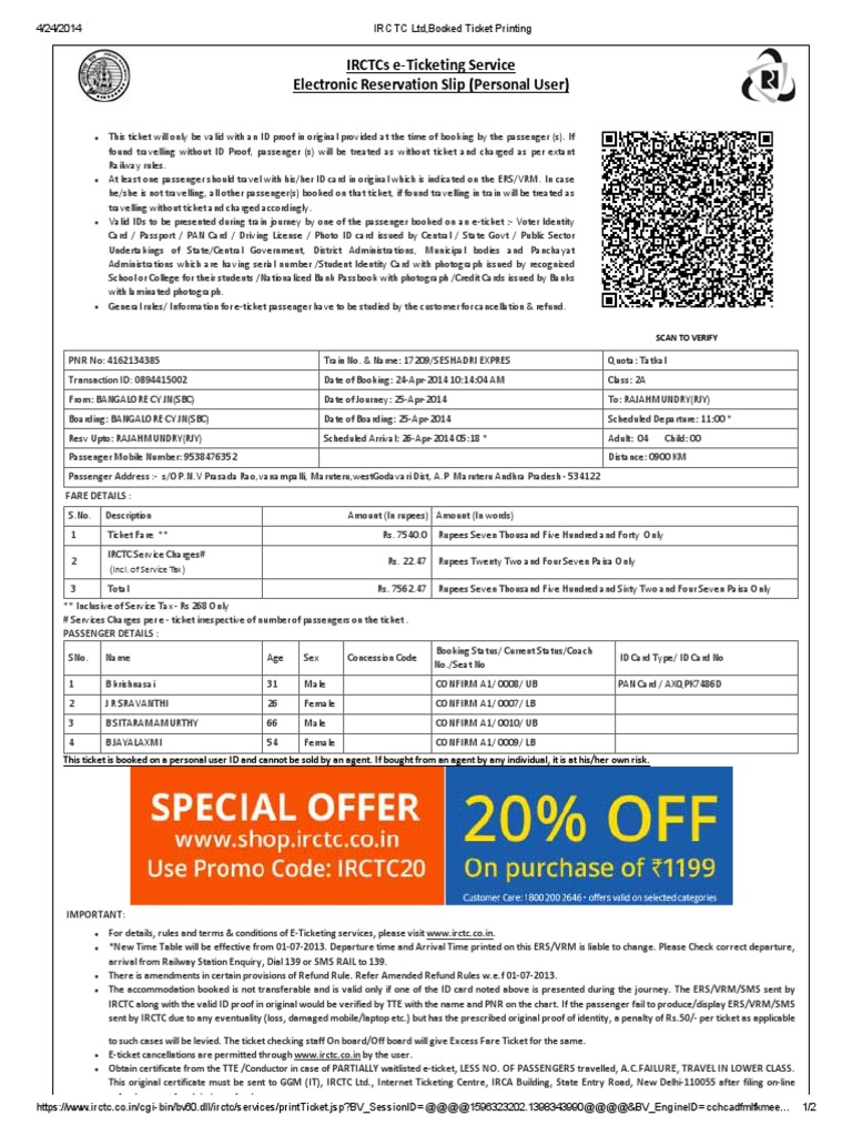 IRCTC LTD, Booked Ticket Printing | PDF | Identity Document | Ticket ...