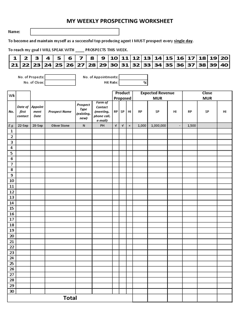 My Weekly Prospecting Worksheet: Hit Rate: No. of Appointments: No. of ...