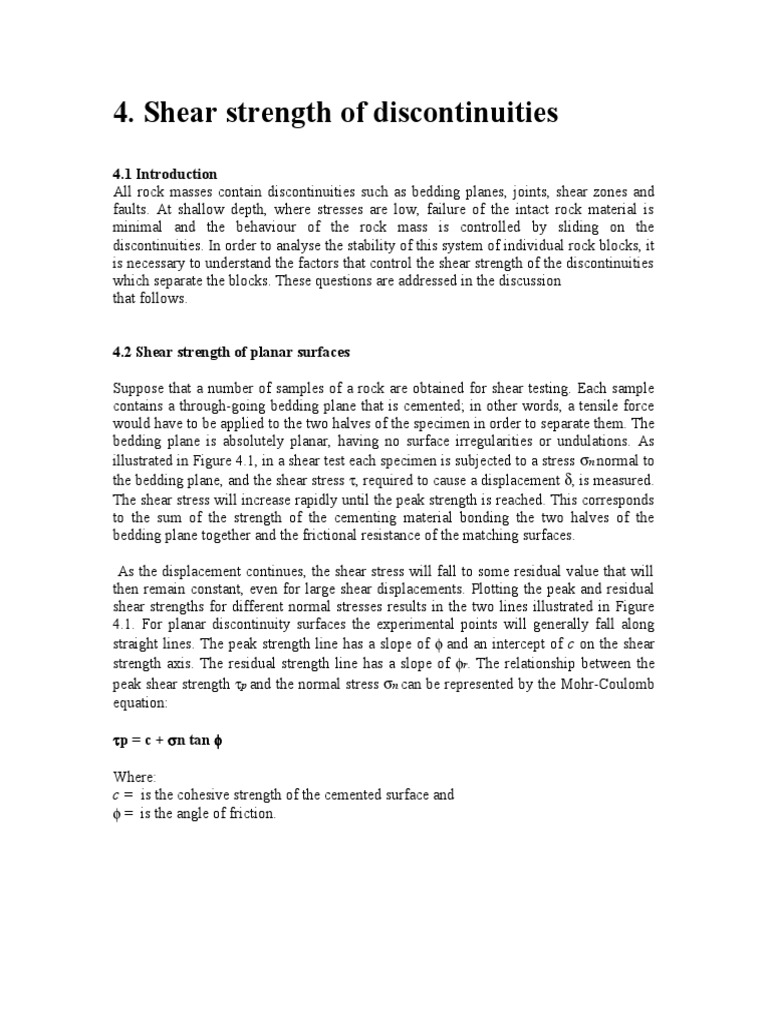 Shear Strength of Discontinuities C Is The Cohesive Strength of The