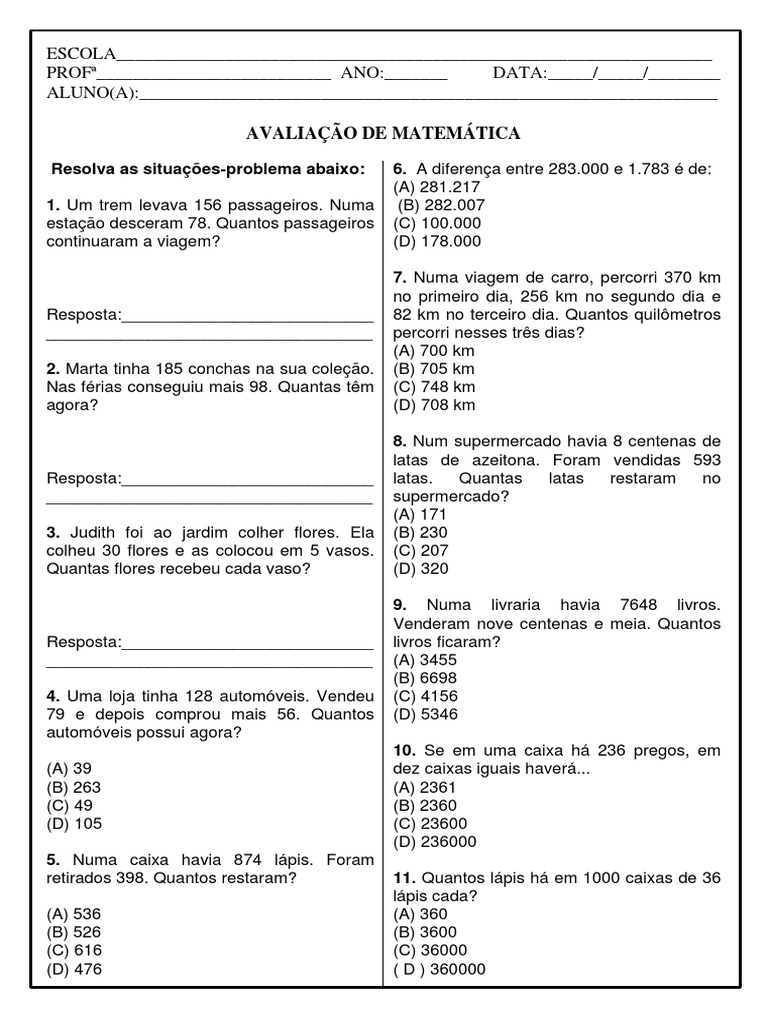 Atividade de matemática 4º ano: situações problema 4 ano