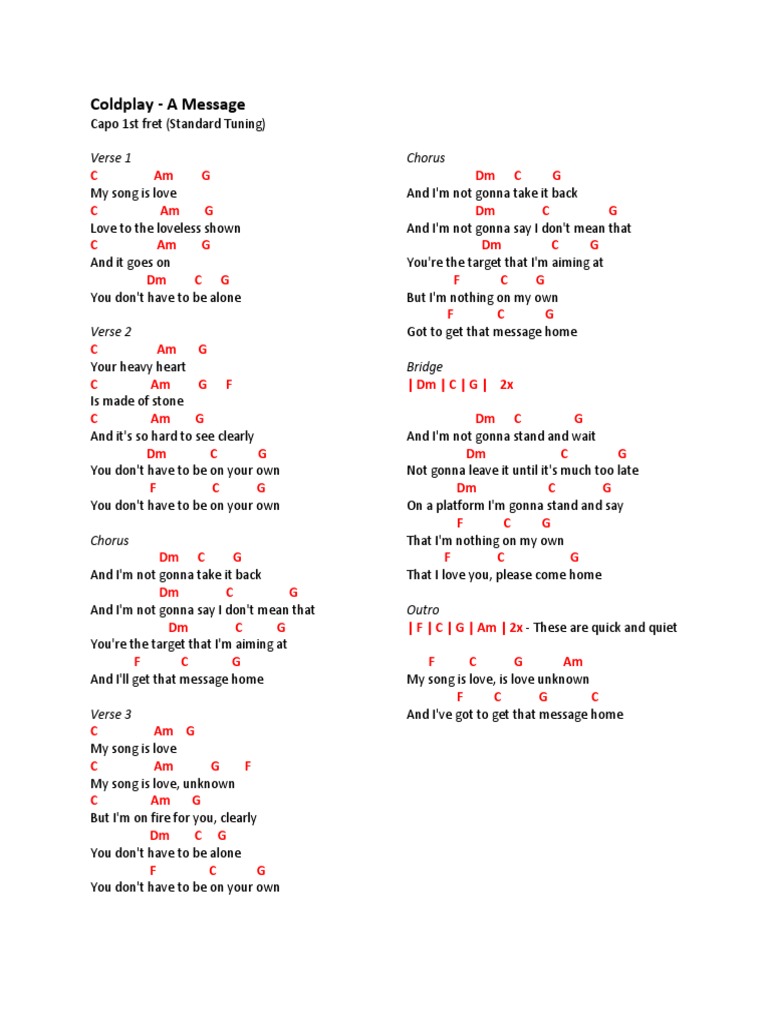Coldplay A Message Chords PDF Song Structure Pop Songs