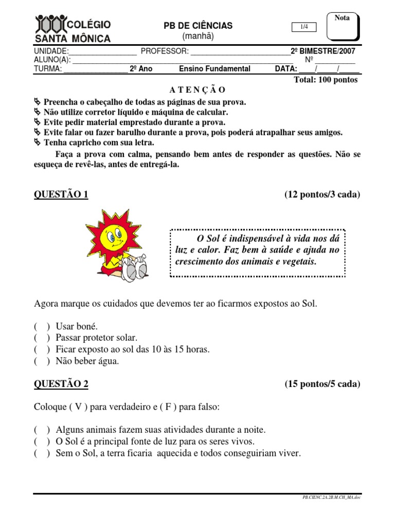 Prova.pb.Ciencias.2ano.manha.2bim | Sol | Plantas