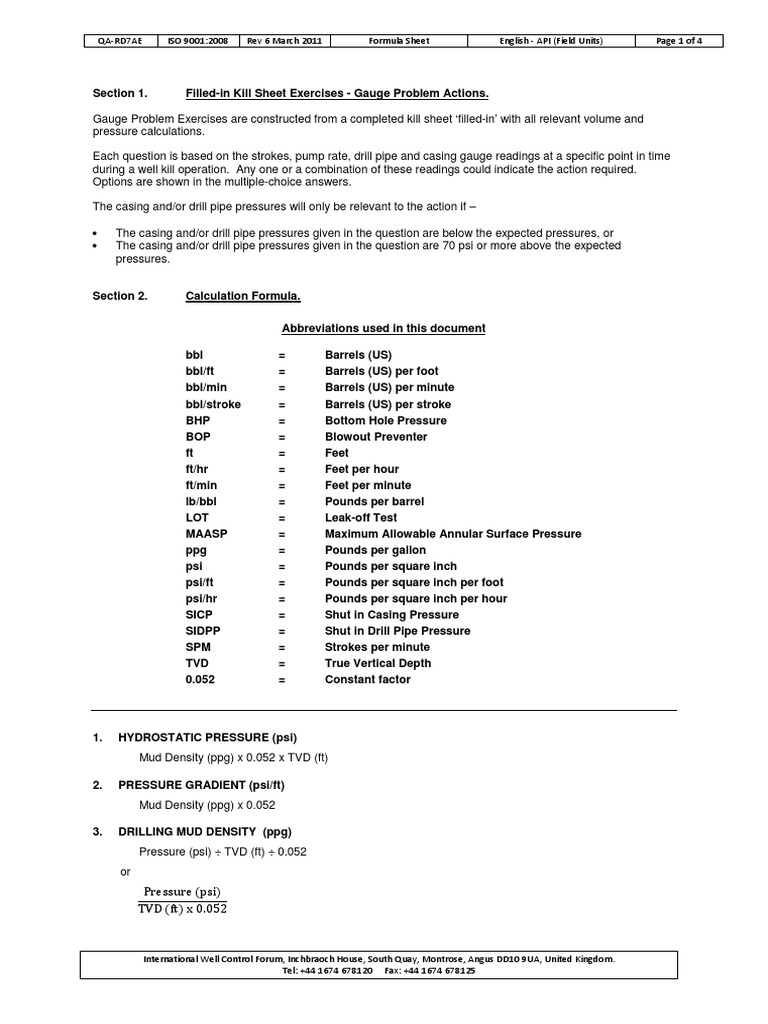 1.QARD7A IWCF Formula Sheet API Field Units PDF Physical