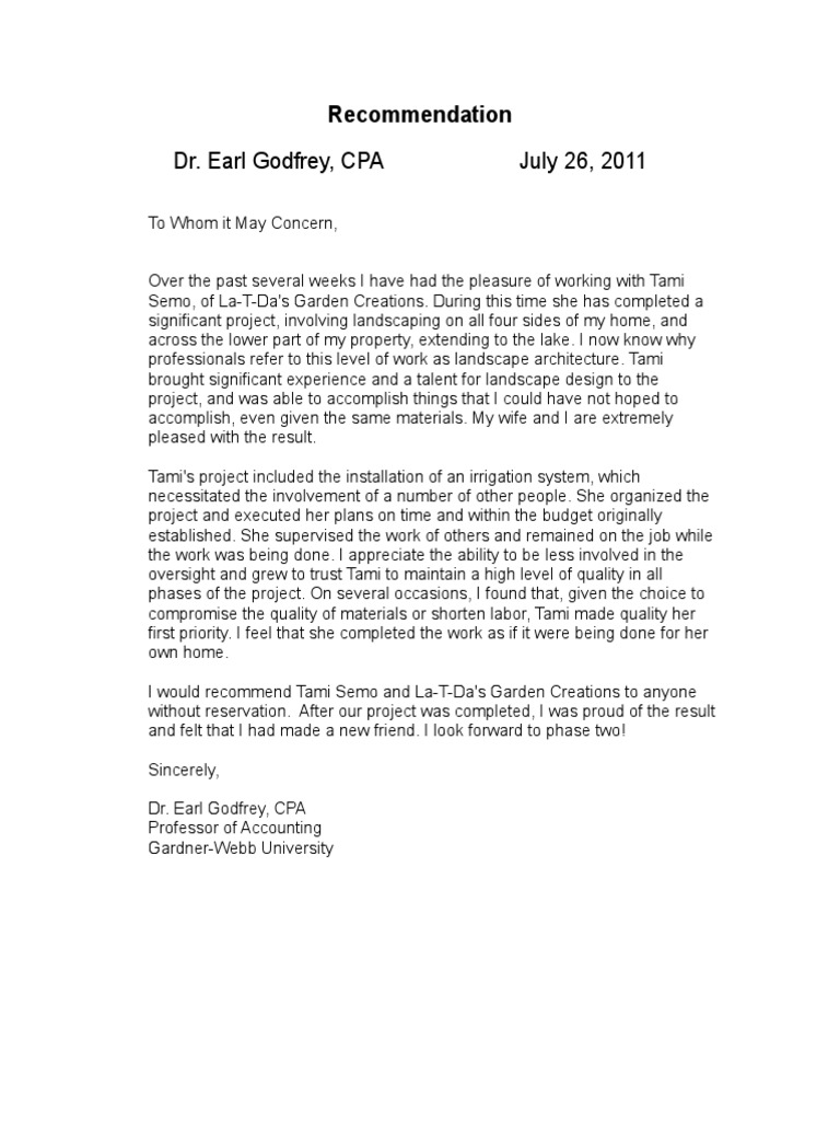 Recommendation for Tami Semo's Landscaping | PDF