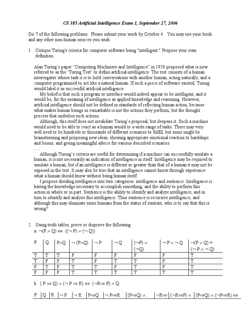 Artificial Intelligence Exam 1 PDF Intelligence Artificial