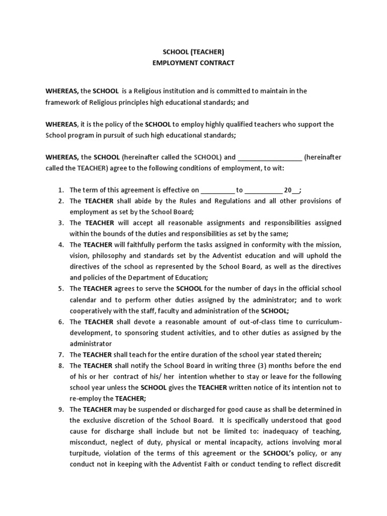 Teacher Employment Contract PDF Teachers Virtue