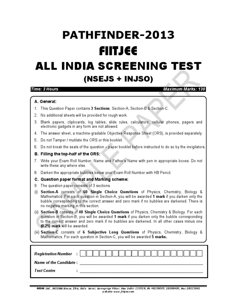 Sample Paper F Aist 2013 Nsejs Injso | PDF | Angiotensin | Chemistry