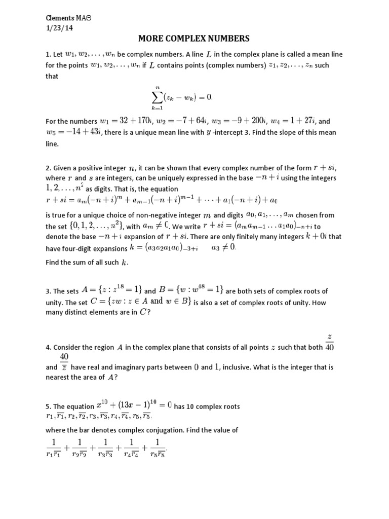 More Complex Numbers: Clements MAΘ 1/23/14 | PDF | Teaching Methods ...