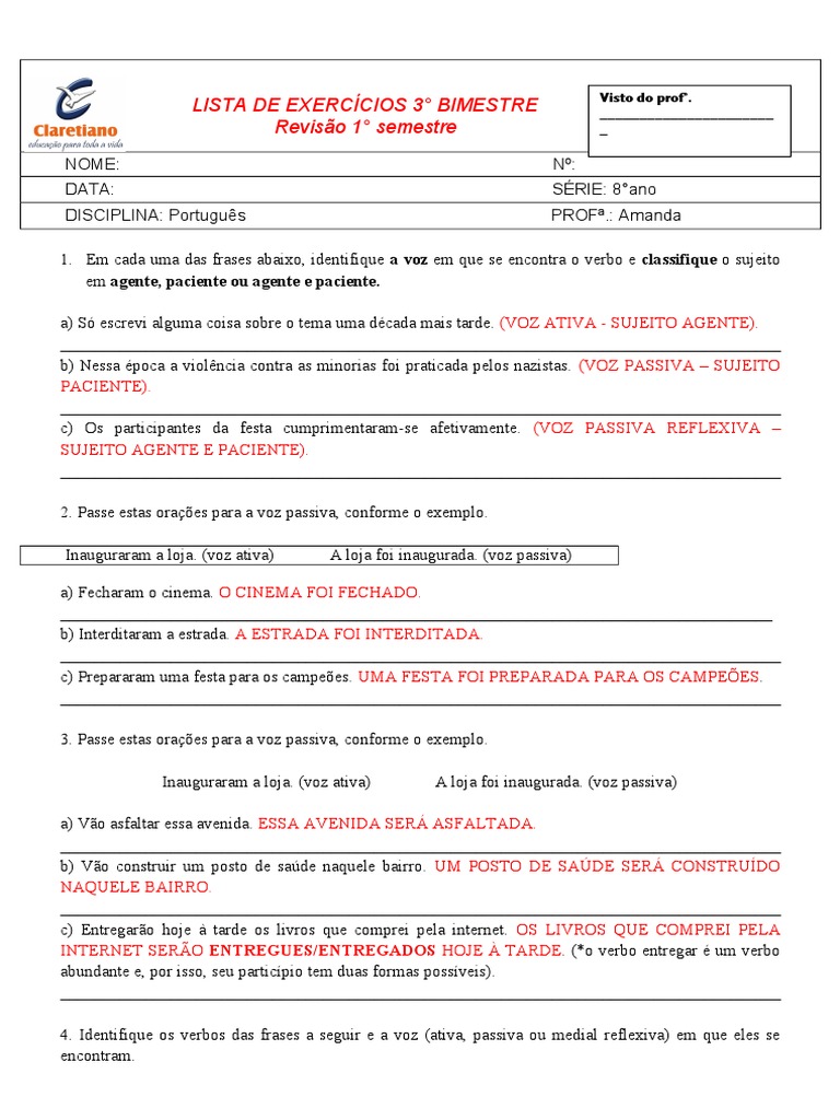 Exercícios de Vozes Verbais - 8º Ano | PDF | Assunto (gramática) | Sintaxe