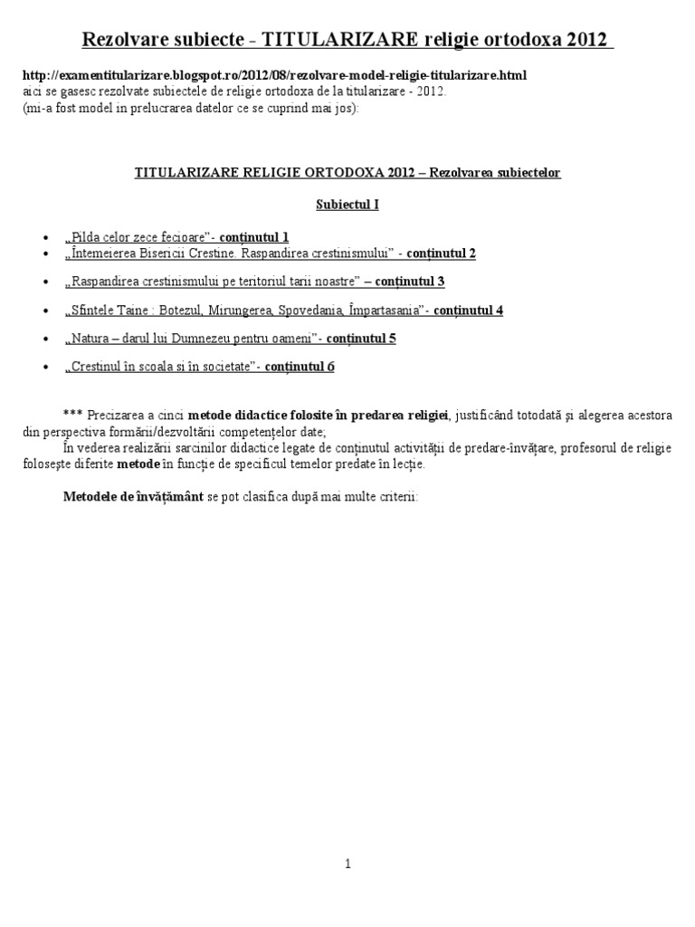 Rezolvare Subiecte Titularizare Religie Ortodoxa 2012