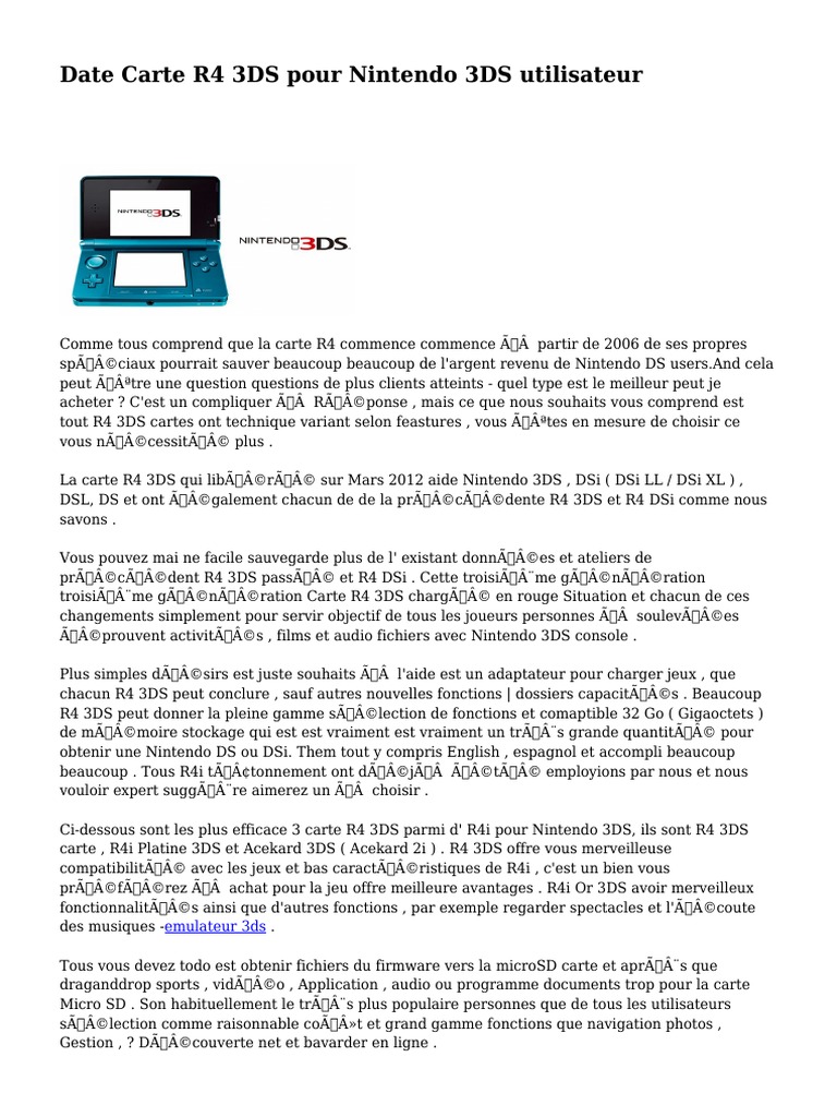 Date Carte R4 3DS Pour Nintendo 3DS Utilisateur, PDF