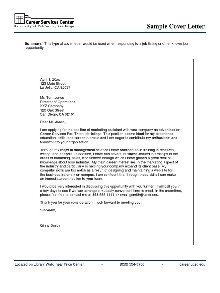 UCSD Career Services Center Cover Letters PDF Marketing Business