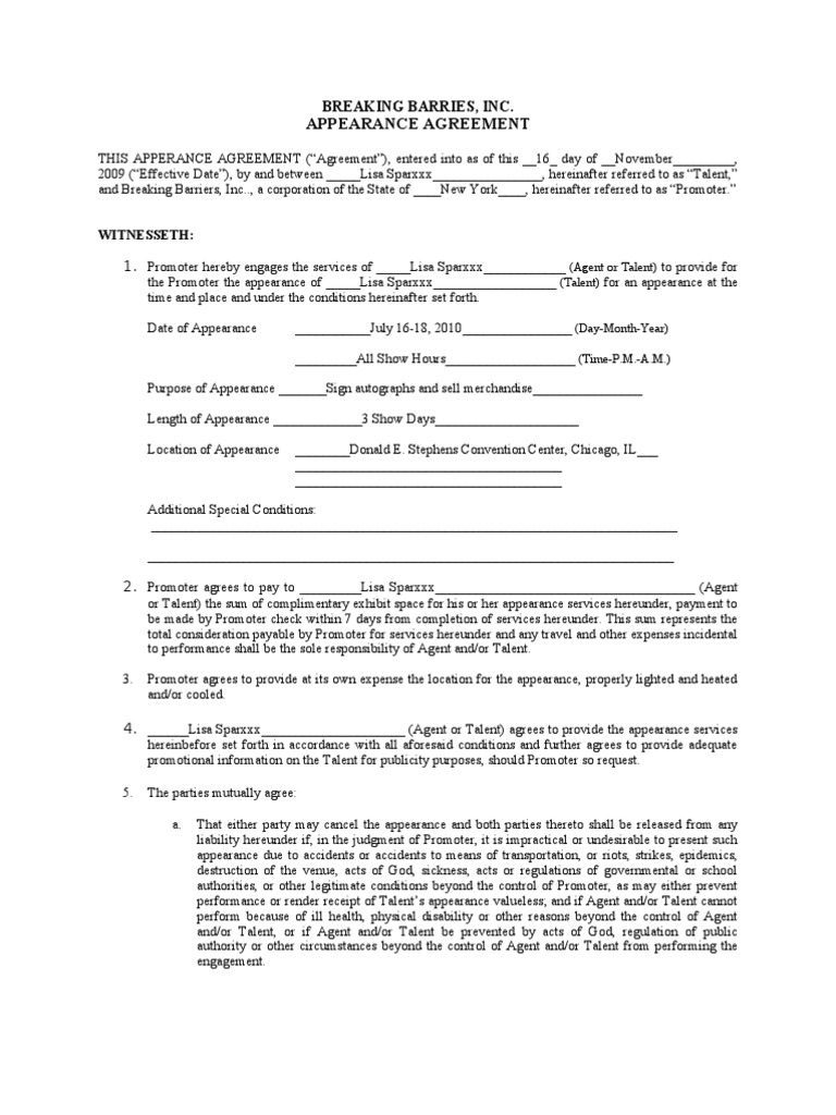 Lisa Sparxxx Appearance Aggreement PDF Indemnity Private Law