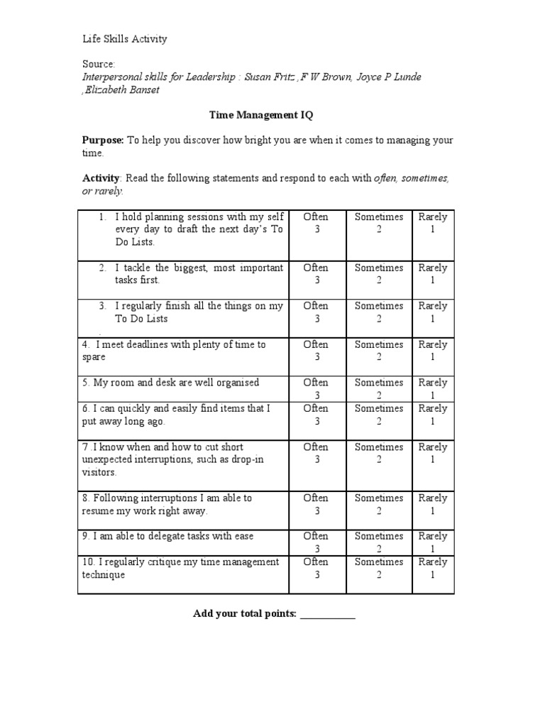 Time Management Skills Quiz | PDF | Time Management | Professional Skills