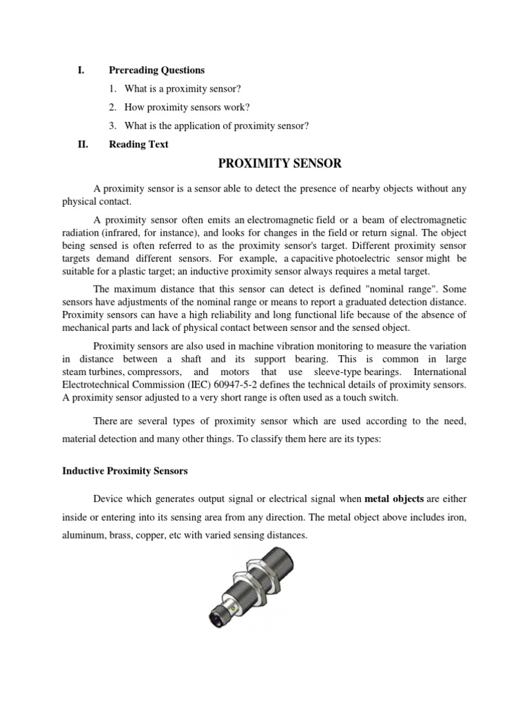 Proximity Sensor I. Prereading Questions PDF Sensor Manufactured