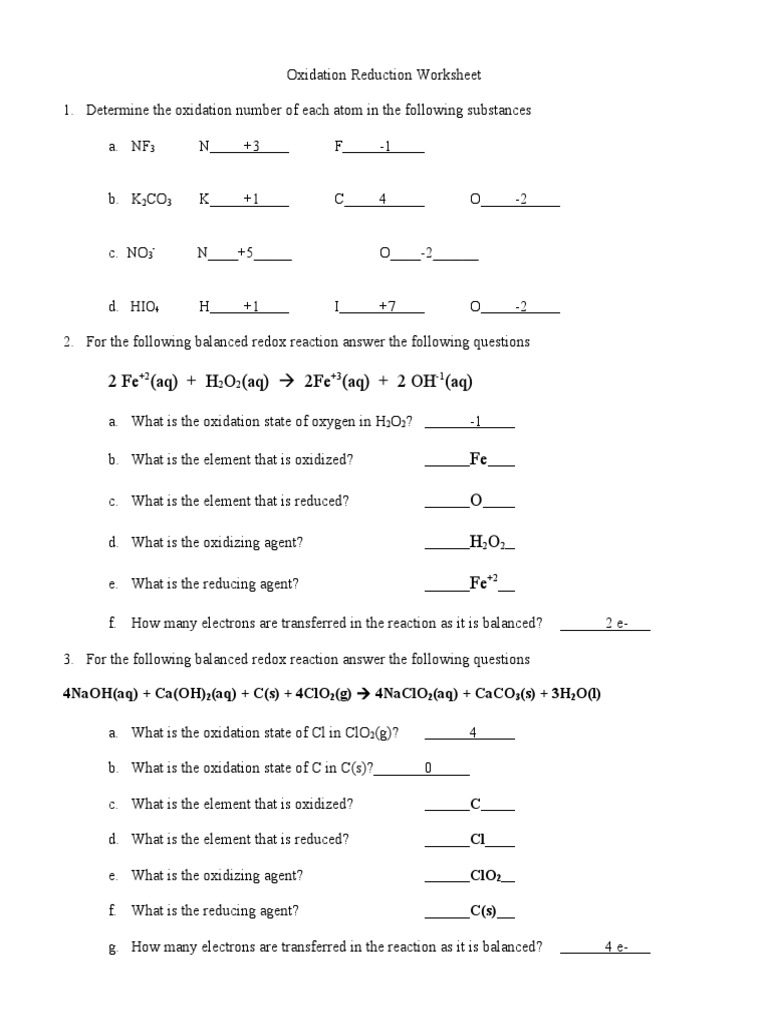 141 Oxidation Reduction Worksheet Key