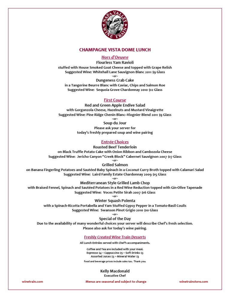 Vista Dome Lunch Menu PDF