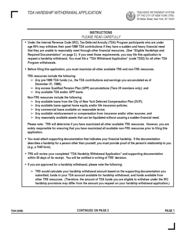 Tda Hardship Withdrawal Application PDF Withholding Tax