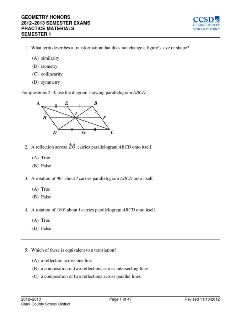 Geometry Honors Exam Practice 2012-2013 | PDF | Sine | Triangle