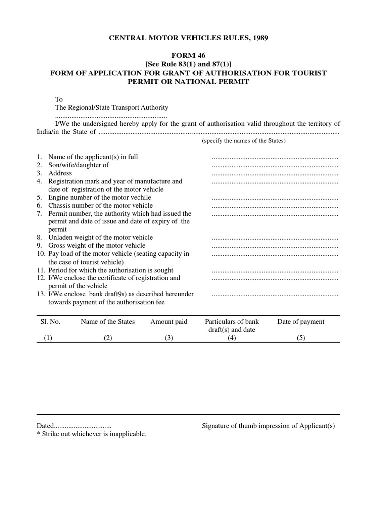 Form 46-Application For Grant of Authorization For Tourist Permit or ...