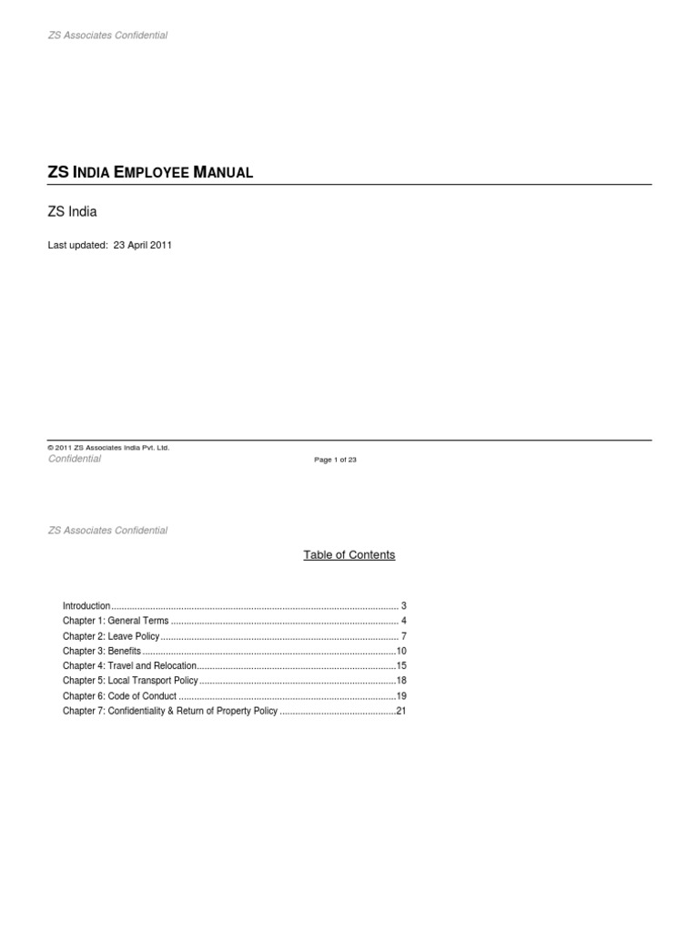 ZS India Employee Manual 2011 Ver3.5 | PDF | Sexual Harassment | Sick Leave