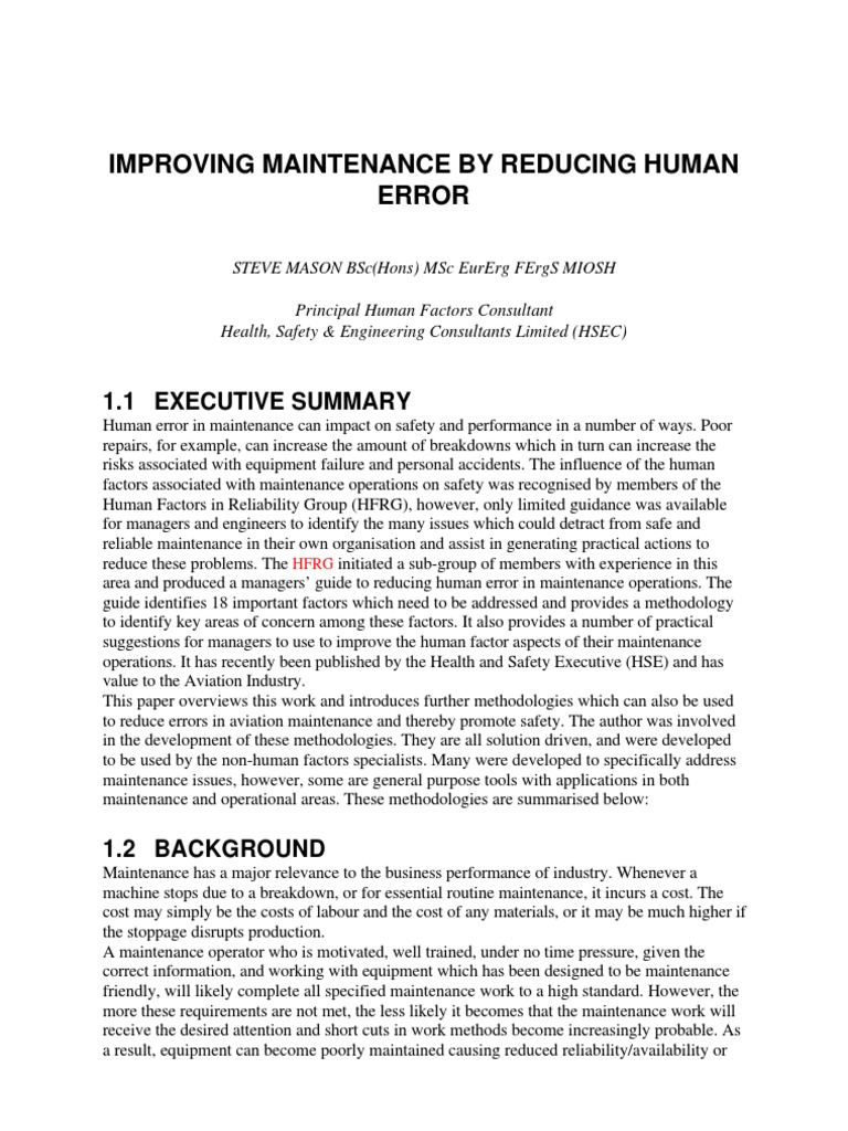 Reducing Human Error in Maintenance | PDF | Reliability Engineering ...