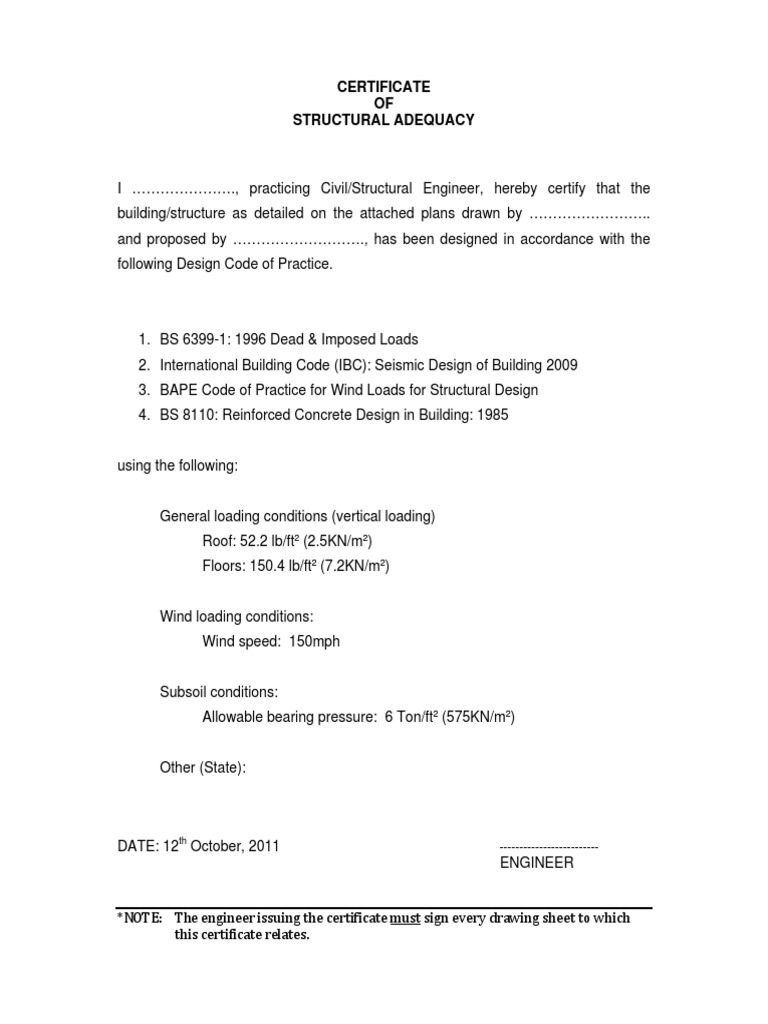 Certificate of Structural Adequacy | PDF