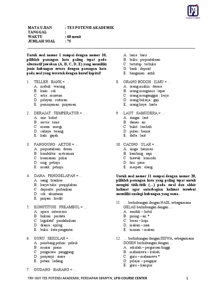 Soal Tes Masuk Kuliah Lp3i Jawabanku Id