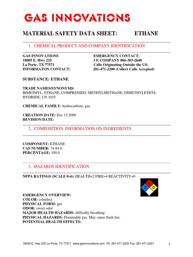 Msds Ethane PDF Dangerous Goods Firefighting