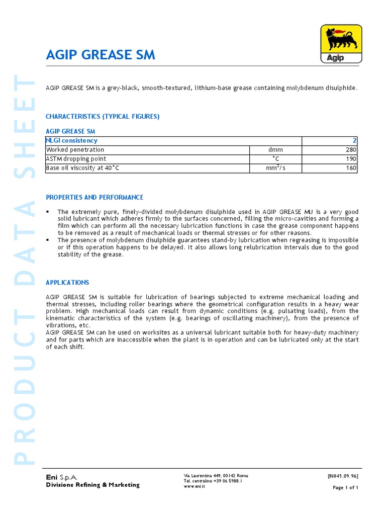 Characteristics (Typical Figures) Agip Grease SM NLGI Consistency 2 PDF