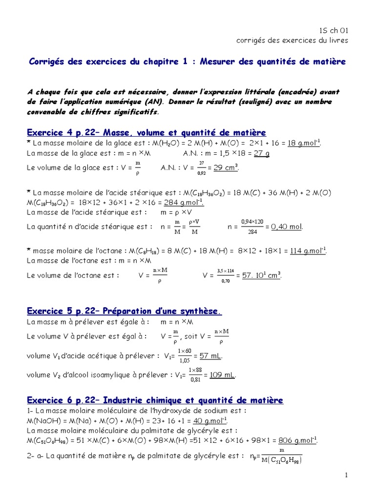 Correc Ex Livre Ch1 Concentration Molaire Physique