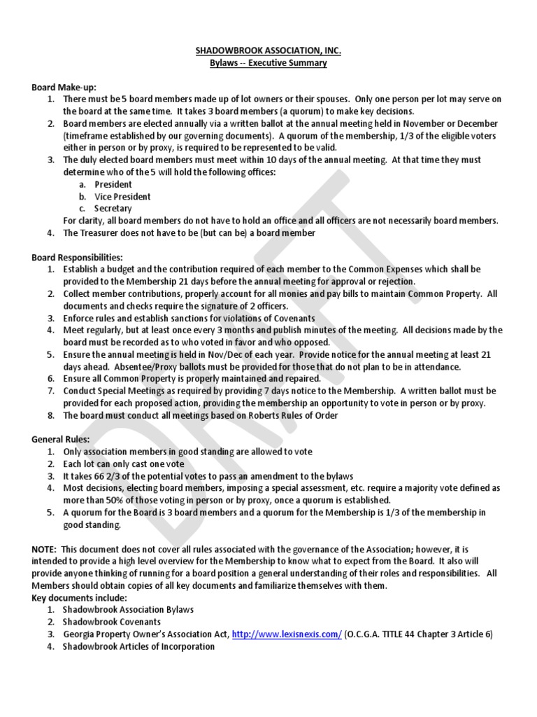 Shadowbrook Association Executive Summary PDF Proxy Voting Quorum