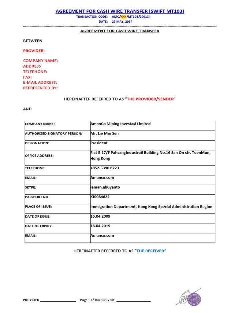 SWIFT MT103 Transfer Agreement | PDF | Wire Transfer | Payments