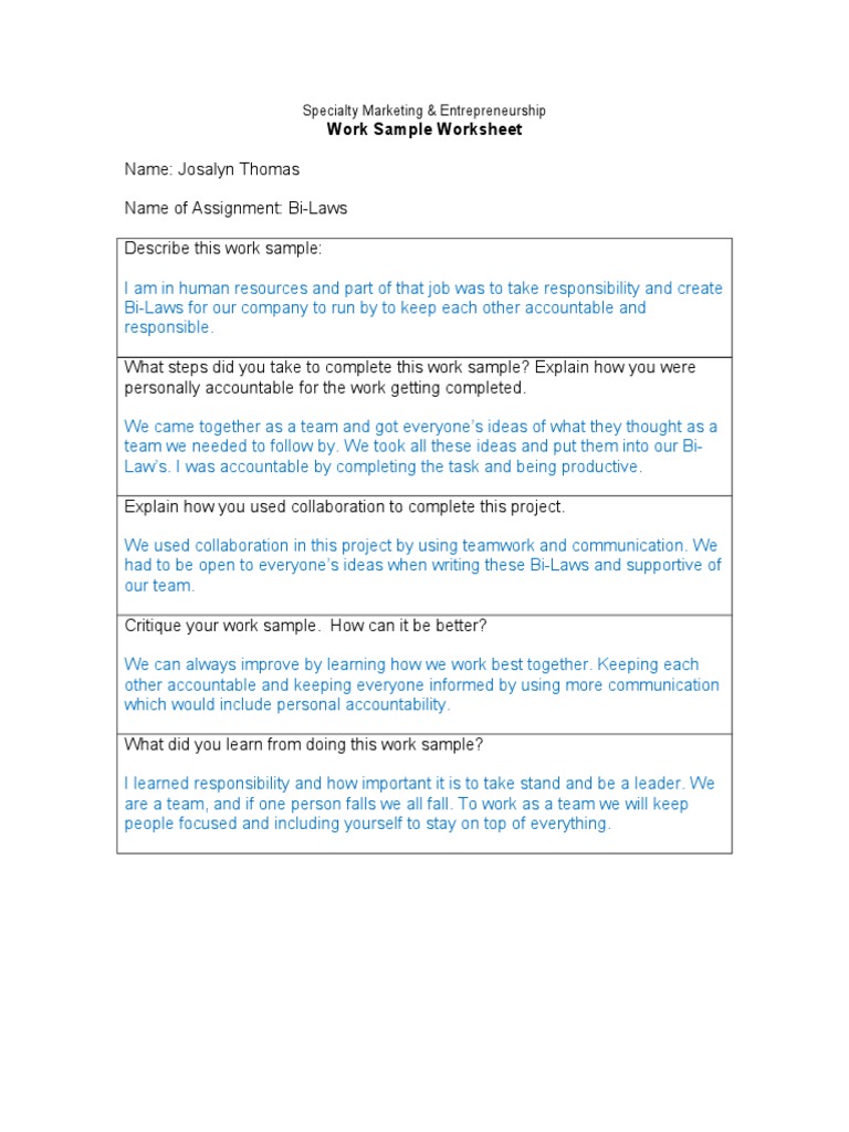 Work Sample Worksheet-2-3 | PDF