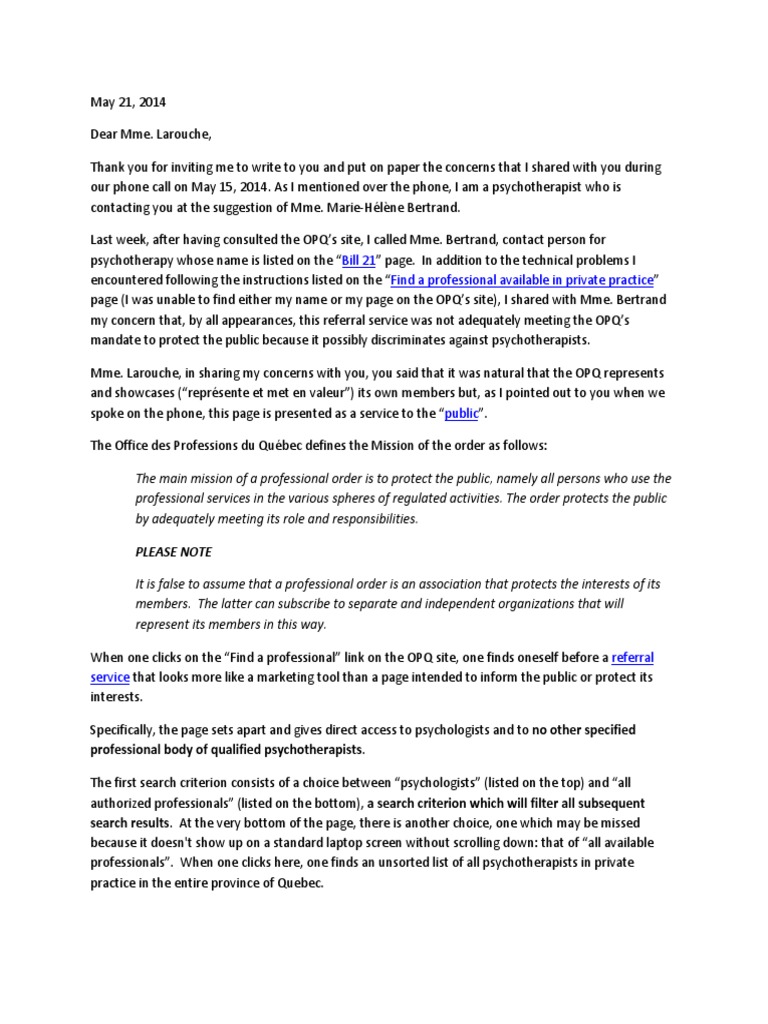 Psychotherapy, OPQ, Bill 21 - Letter To Krystelle Larouche From ...