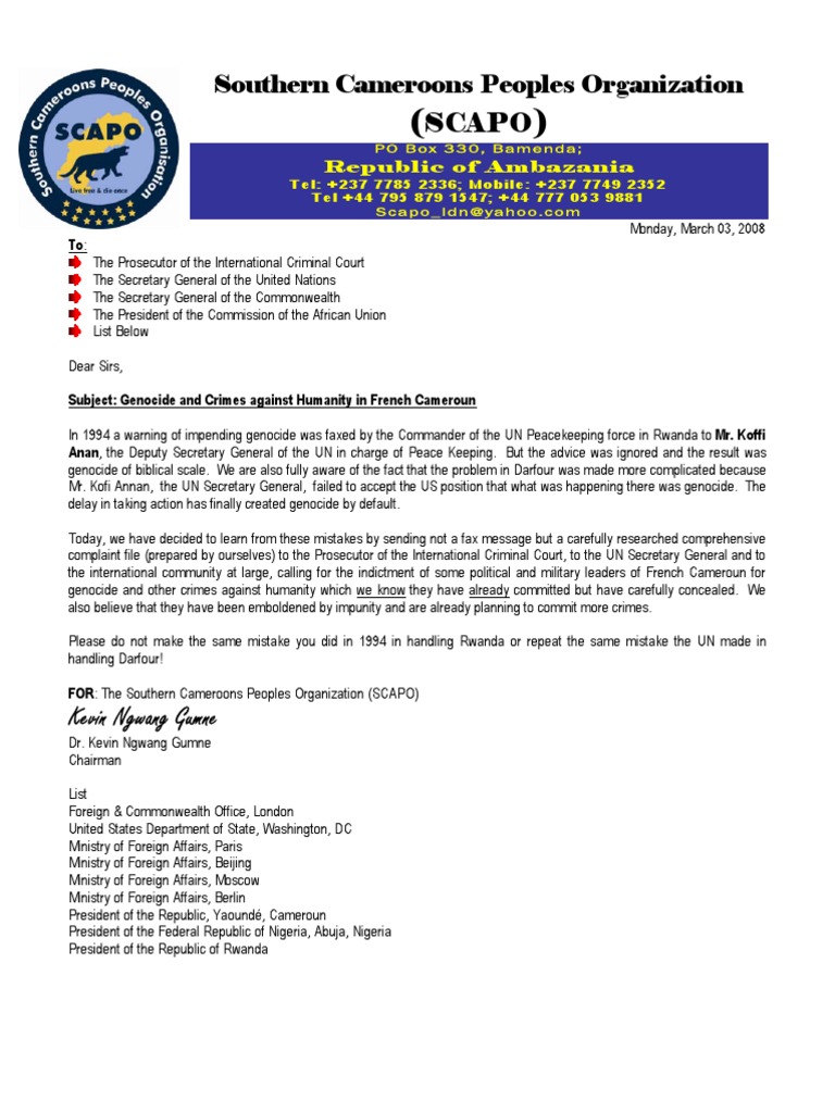 Cameroun Genocide Complaint With English Press Release Cameroon