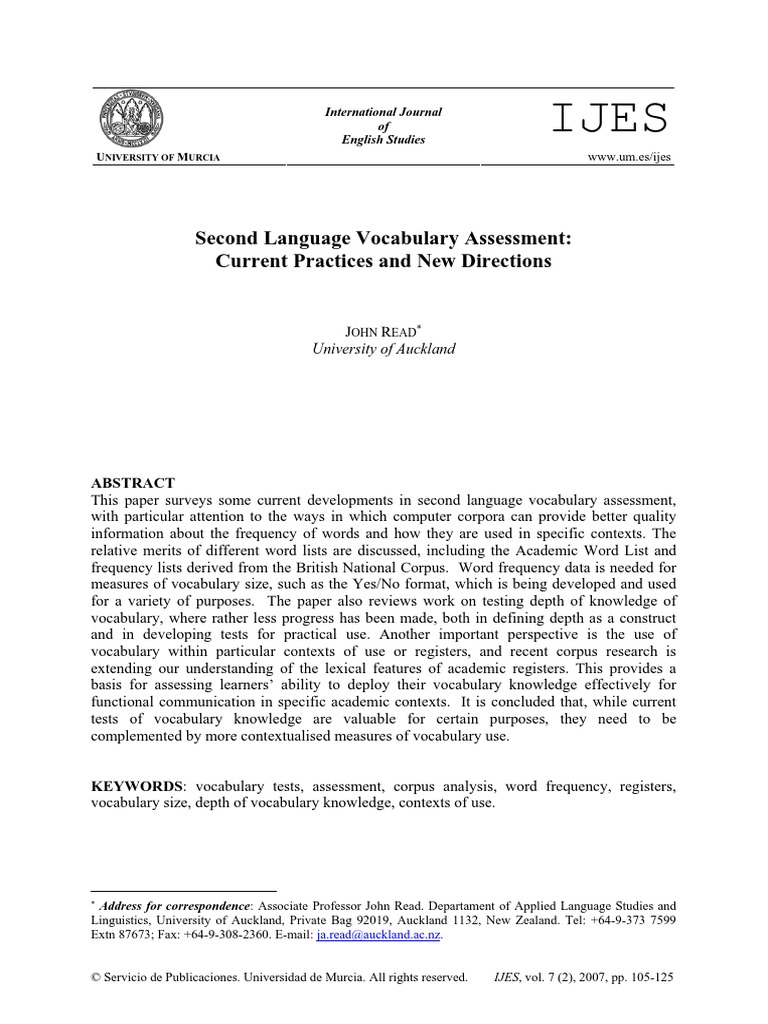 Second Language Vocabulary Assessment: Current Practices and New ...
