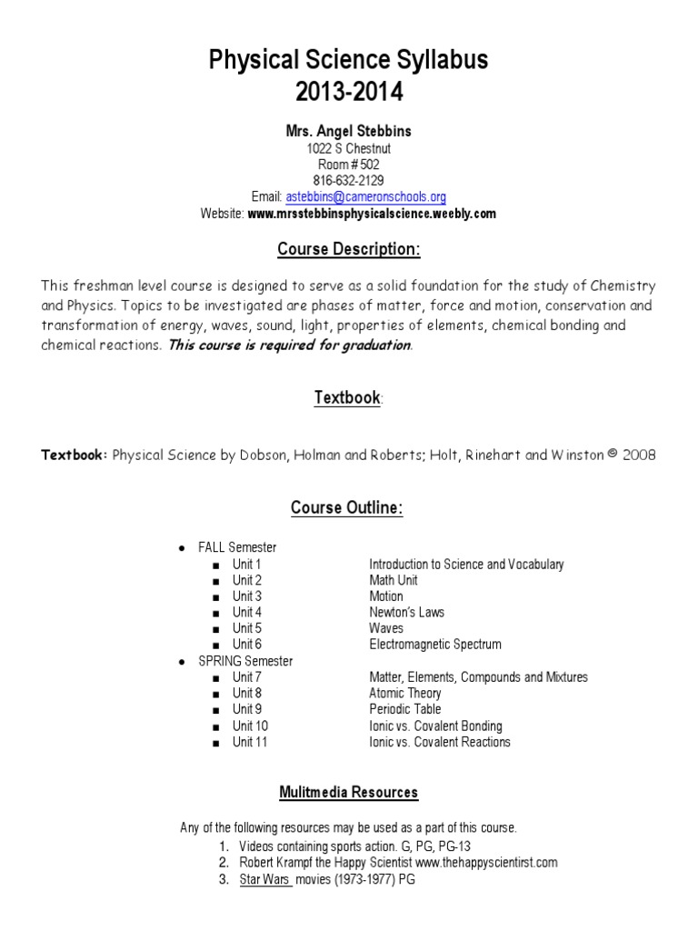Syllabus Physical Science | PDF | Teaching Methods & Materials ...