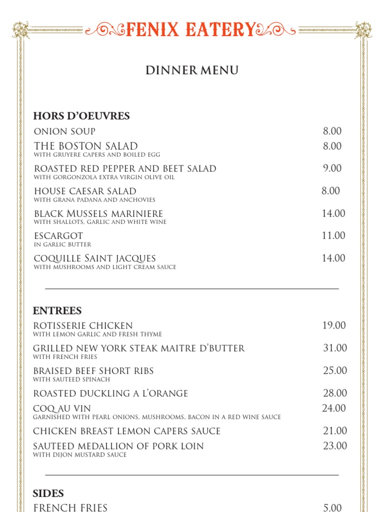Fenix Eatery Dinner Menu Highlights | PDF | Cooking, Food & Wine