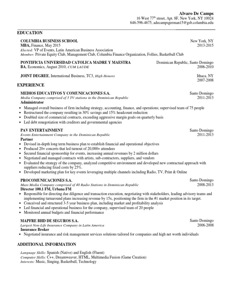 Columbia MBA Resume of Alvaro De Camps | PDF | Insurance | Business Plan