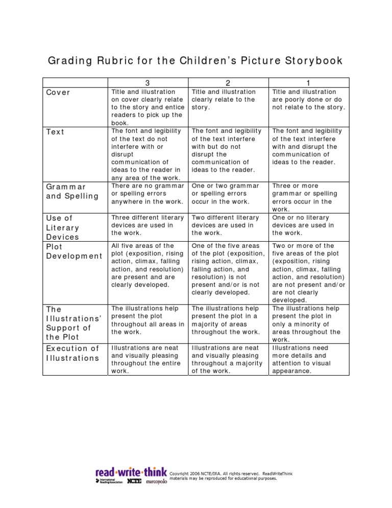 Children's Book Grading Rubric PDF Typography Writing