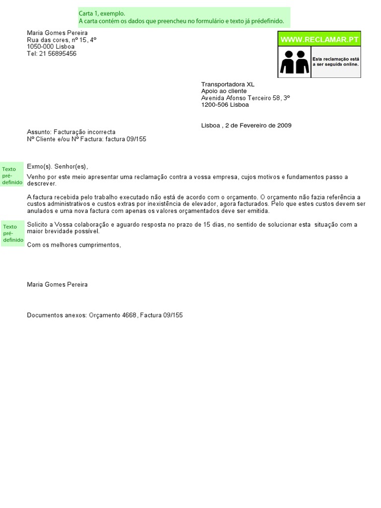 exemplo de uma carta de reclamação – Novo Exemplo