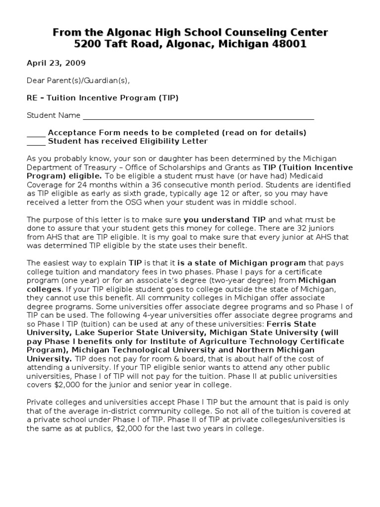 TIP Letter To Parents PDF College Tuition Payments