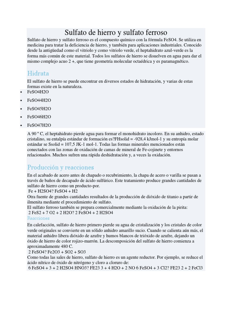 Sulfato de Hierro y Sulfato Ferroso Es El Compuesto Químico Con La ...