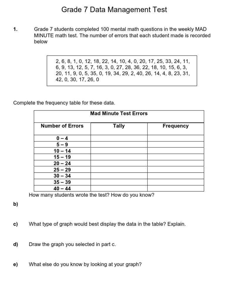 Data Management Grade 7 Test | Median | Physics & Mathematics
