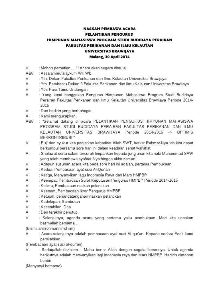 Teks Pembawa Acara Pelantikan Pengurus Kumpulan Contoh Teks Mc