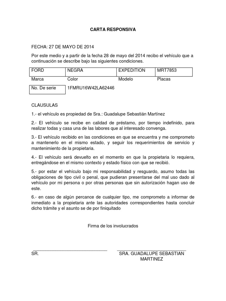 Carta Responsiva De Vehiculo