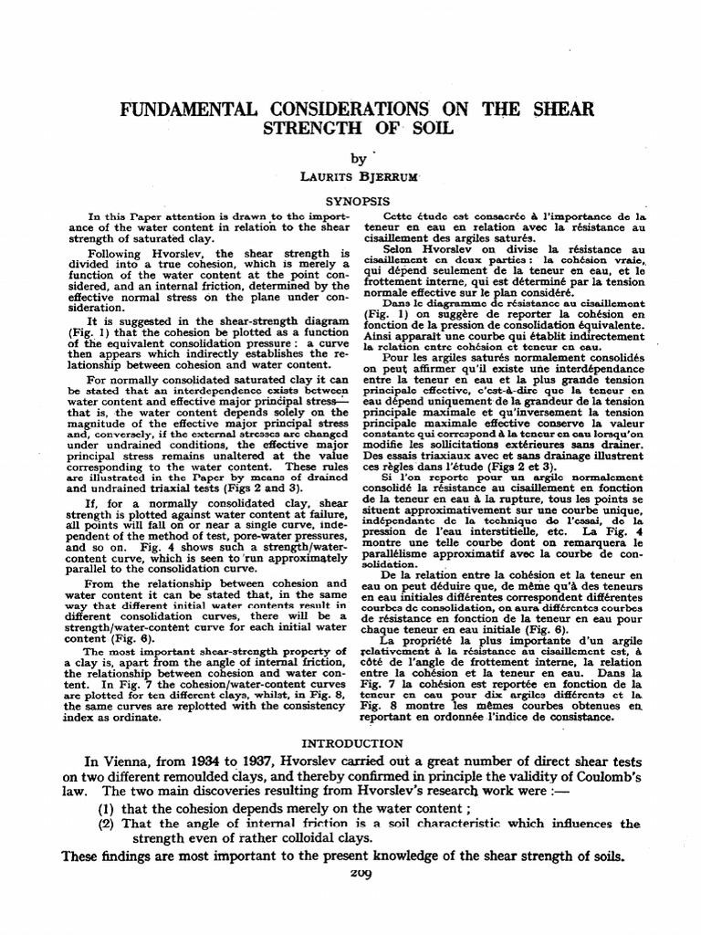FundamentalConsiderationsOnShearStrengthOfSoil Bjerrum | PDF