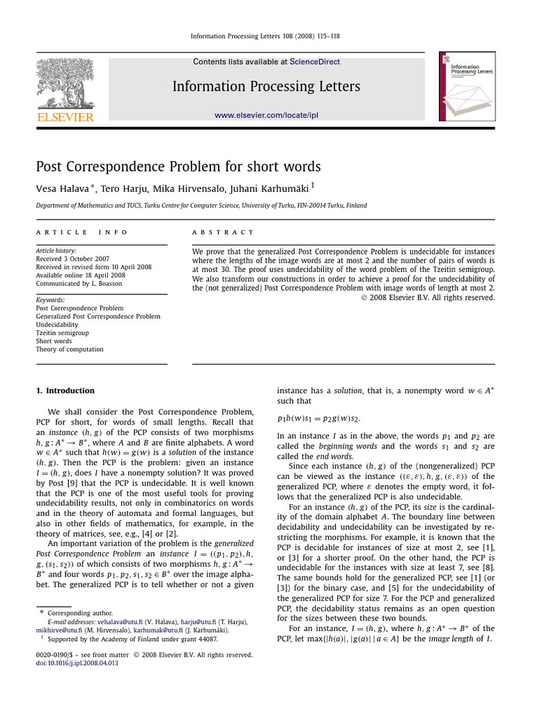 Information processing letters vesa halava tero harju mika