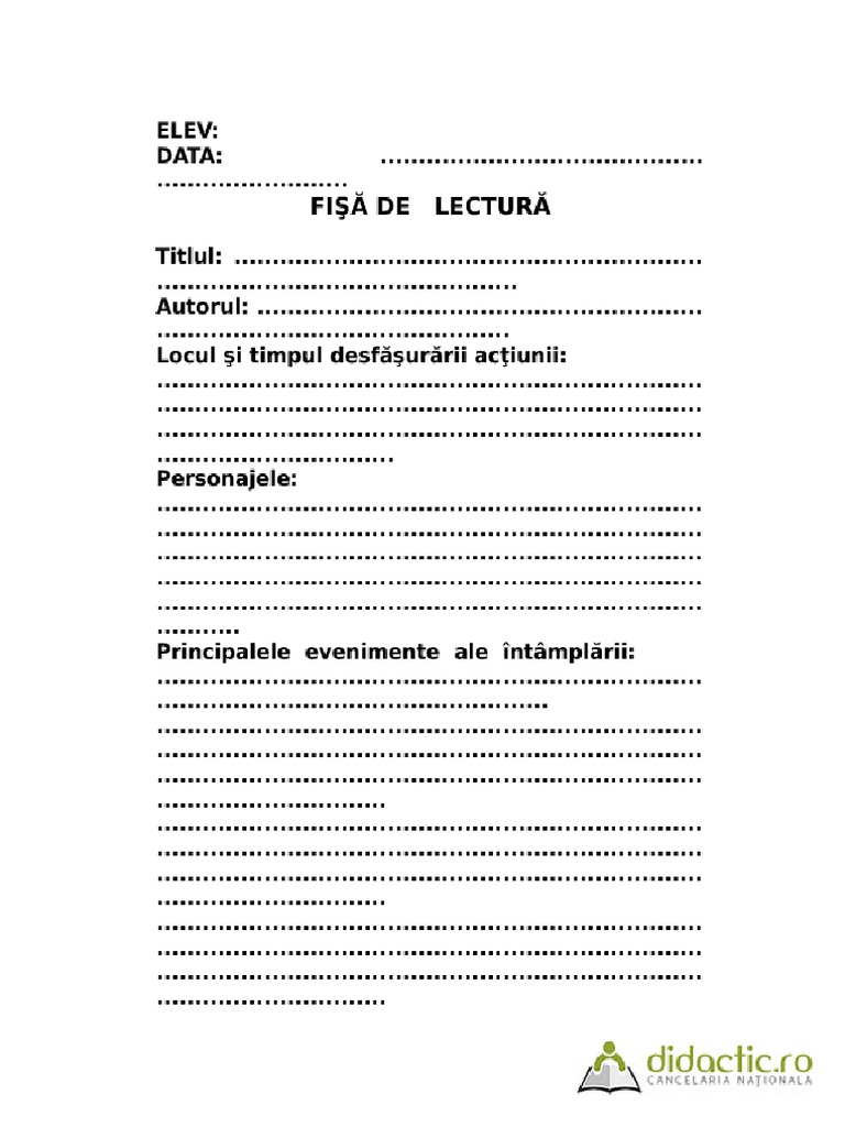 Fise De Lectura Clasa 5 Rezolvate FISA LECTURA